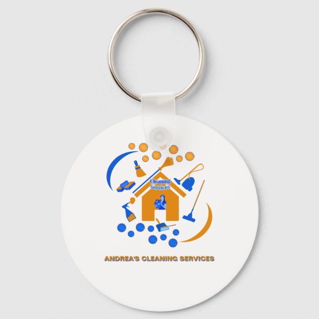 Trendy Orange and Blue Cleaning Sevices Logo Cute  Key Ring (Front)