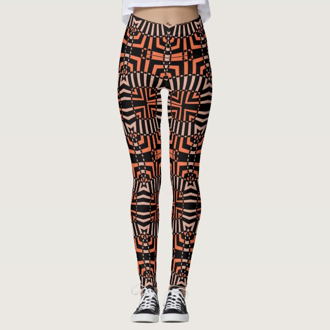 Trendy Orange & Black Op Art Geometric Pattern Leggings (Front)