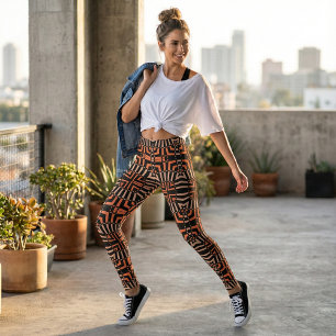 Trendy Orange & Black Op Art Geometric Pattern Leggings