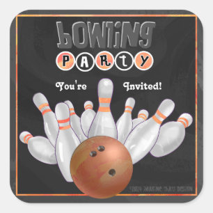 Trendy Orange Bowling Party Invite Sticker
