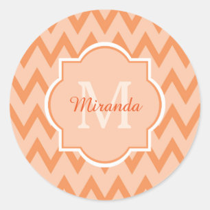 Trendy Orange Chevron Zigzag Name and Monogram Classic Round Sticker