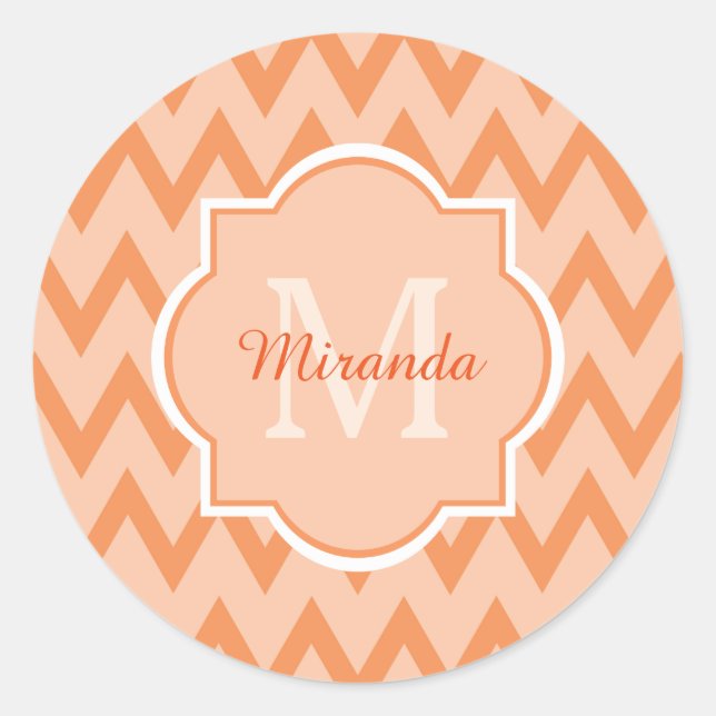 Trendy Orange Chevron Zigzag Name and Monogram Classic Round Sticker (Front)