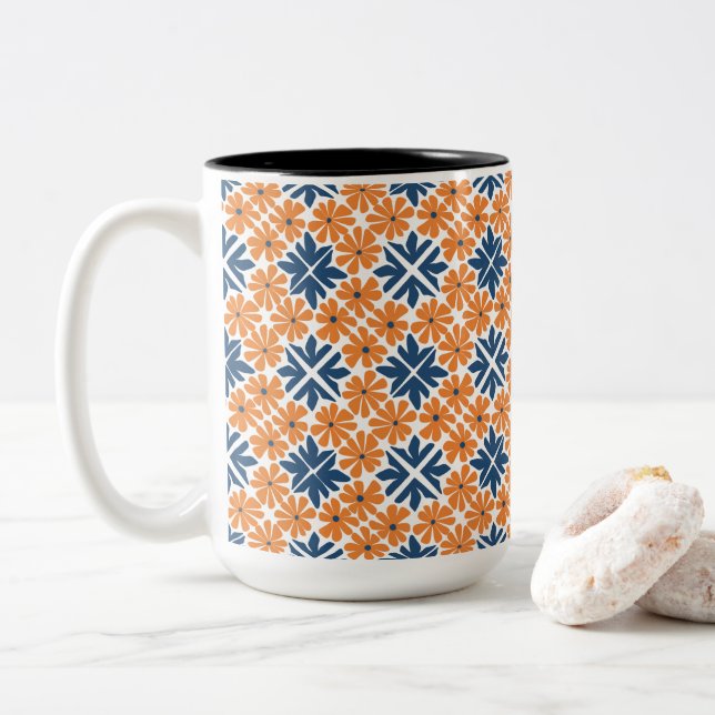 Trendy Orange Flowers Two-Tone Coffee Mug (With Donut)