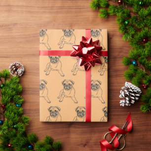 Trendy Orange Hipster Masculine Pug Dog Drawing Wrapping Paper