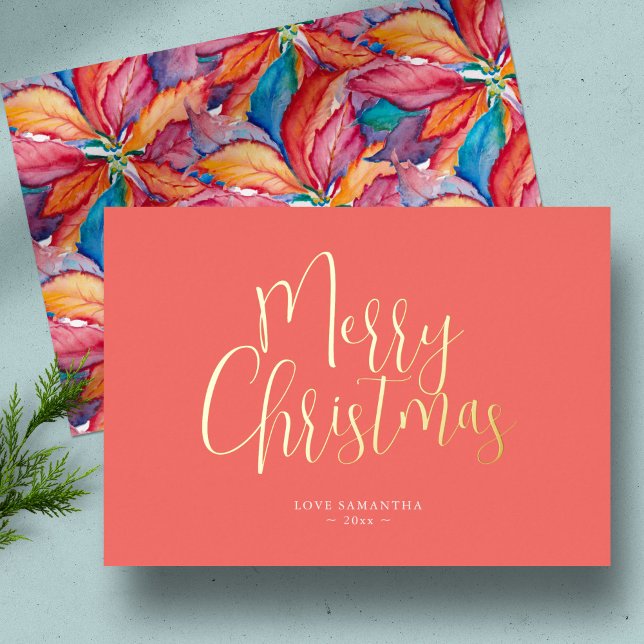 Trendy Orange Merry Christmas Foil Holiday Card (Unique Christmas card original watercolor poinsettia art by Victoria Grigaliunas of Do Tell A Belle)