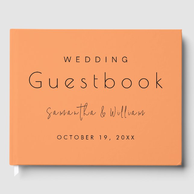 Trendy Orange Minimalist Script | Modern Wedding Guest Book (Front)