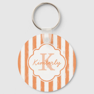 Trendy Orange Painted Stripes Monogram and Name Key Ring