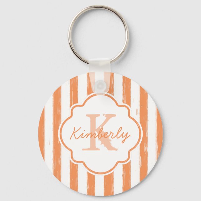 Trendy Orange Painted Stripes Monogram and Name Key Ring (Front)