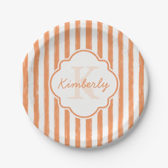 Trendy Orange Painted Stripes Monogram and Name Paper Plate (Front)