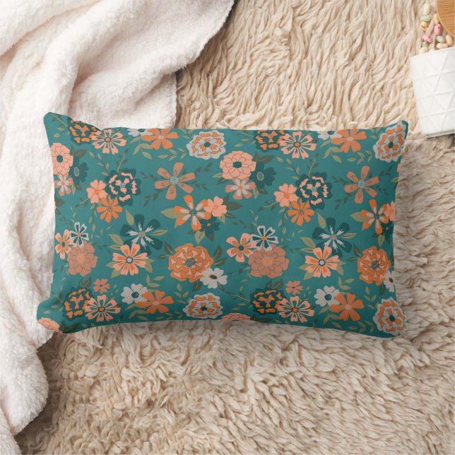Trendy Orange Pattern Flowers Lumbar Cushion (Blanket)