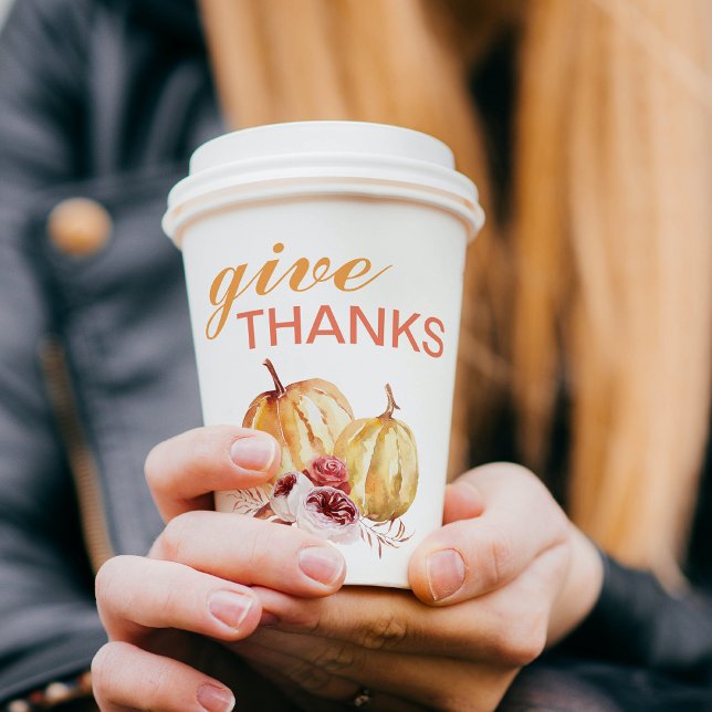 Trendy Orange & Red Give Thanks & Pumpkin Paper Cups (Creator Uploaded)
