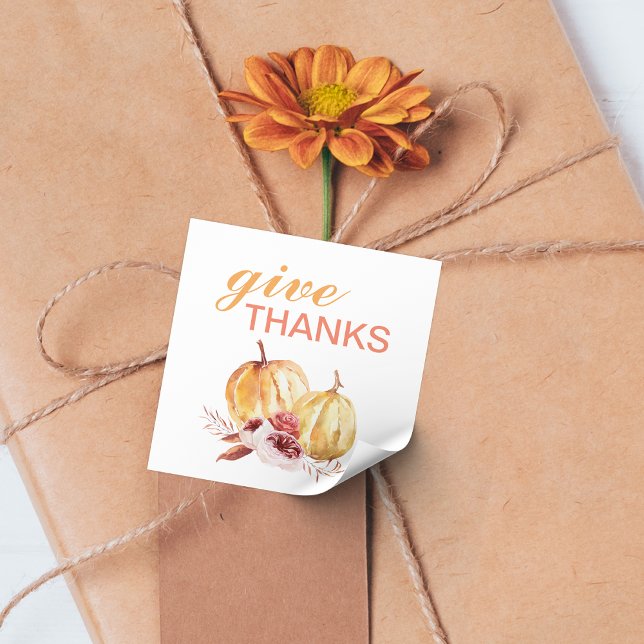 Trendy Orange & Red Give Thanks & Pumpkin  Square Sticker (Creator Uploaded)