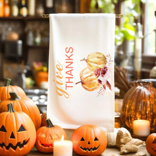 Trendy Orange & Red Give Thanks & Pumpkin Tea Towel