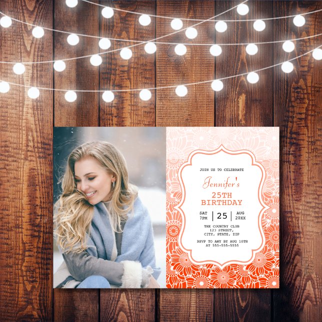 Trendy Orange Stripes Floral Frame Photo Birthday  Invitation (Creator Uploaded)