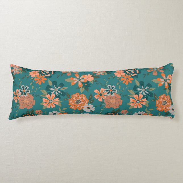 Trendy Orange Teal Pattern Flowers Vines Body Cushion (Front)