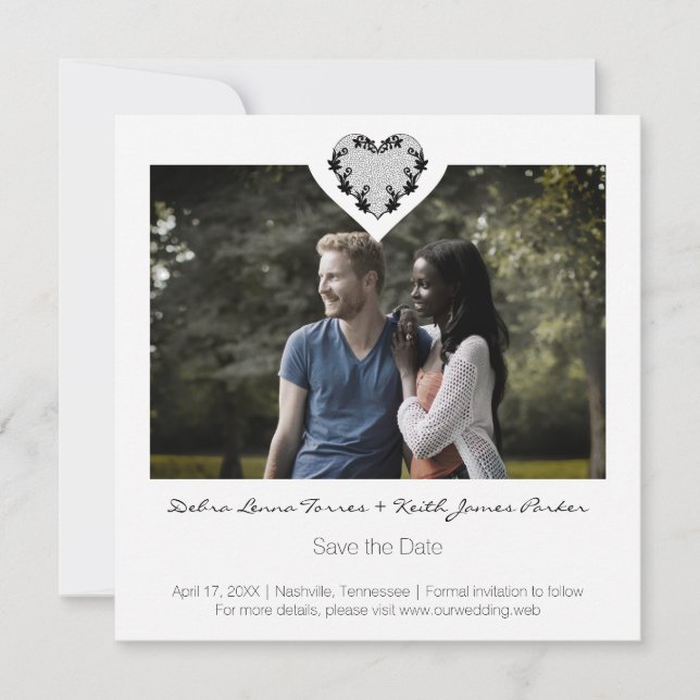 Trendy Ornamental Heart Black Lace Wedding Save The Date (Front)