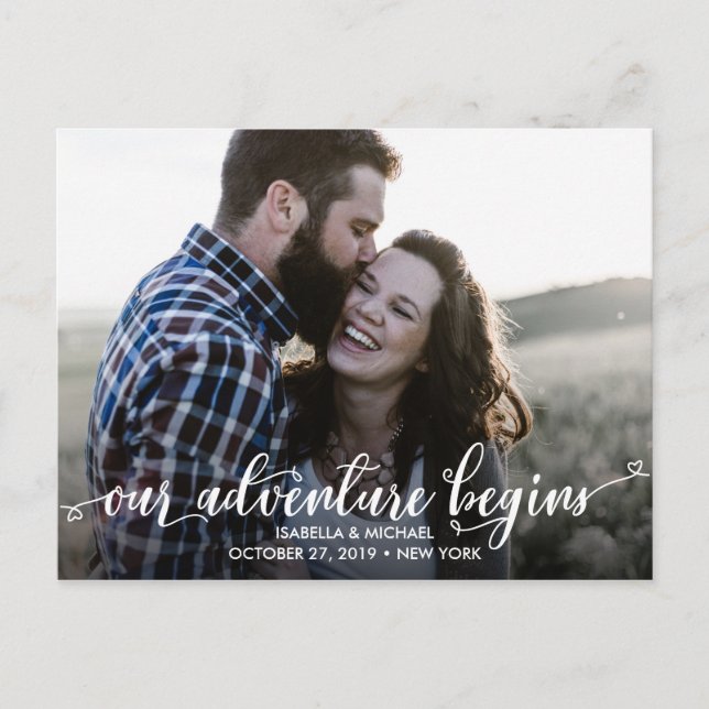 TRENDY OUR ADVENTURE PHOTO WEDDING SAVE THE DATE ANNOUNCEMENT POSTCARD (Front)