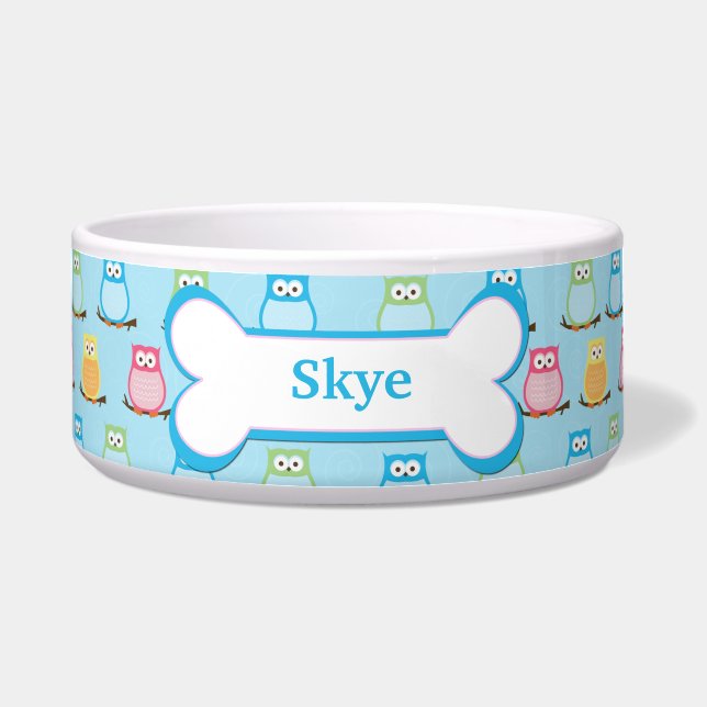 Trendy Owls Customised Pet Dog Food Bowl - Blue (Front)