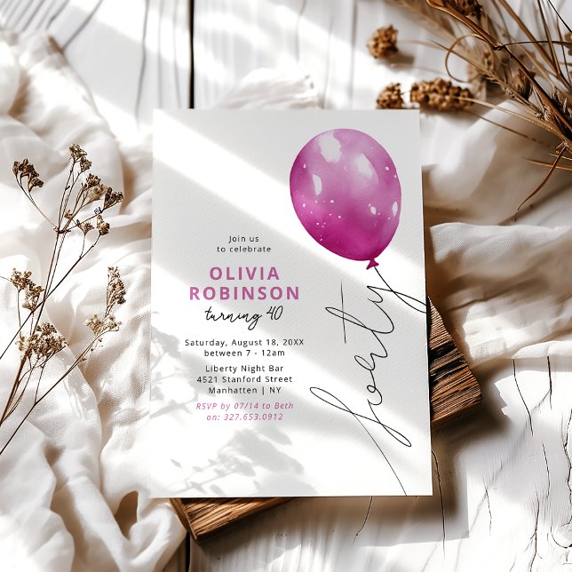 Trendy Paink Balloon 40th Birthday Invitation (Creator Uploaded)