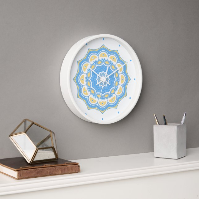 Trendy Pale Blue and Yellow Abstract Mandala Clock (Office)