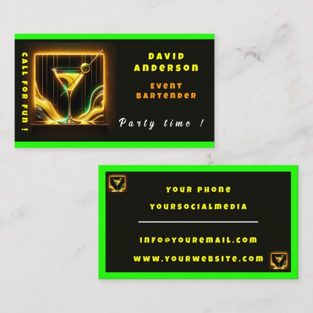 Trendy Party Time Neon Personalised Professional Business Card (Front/Back)