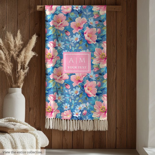 Trendy pastel blue and pink watercolor monogram fleece blanket (Trendy pastel blue and pink watercolor monogram Fleece Blanket)