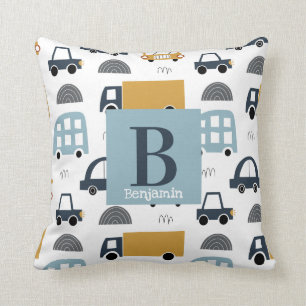 Trendy pastel blue Baby Monogram Car Pattern Cushion