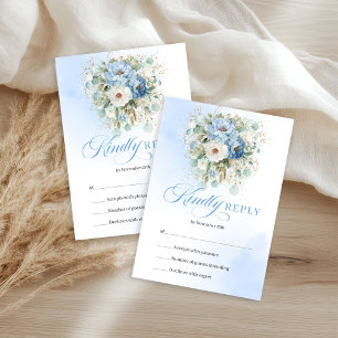 Trendy Pastel Blue Flowers Gold Wedding RSVP Card