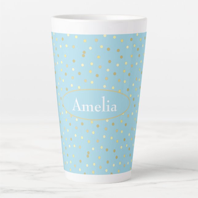 Trendy Pastel Blue Gold Confetti Dots   Latte Mug (Front)