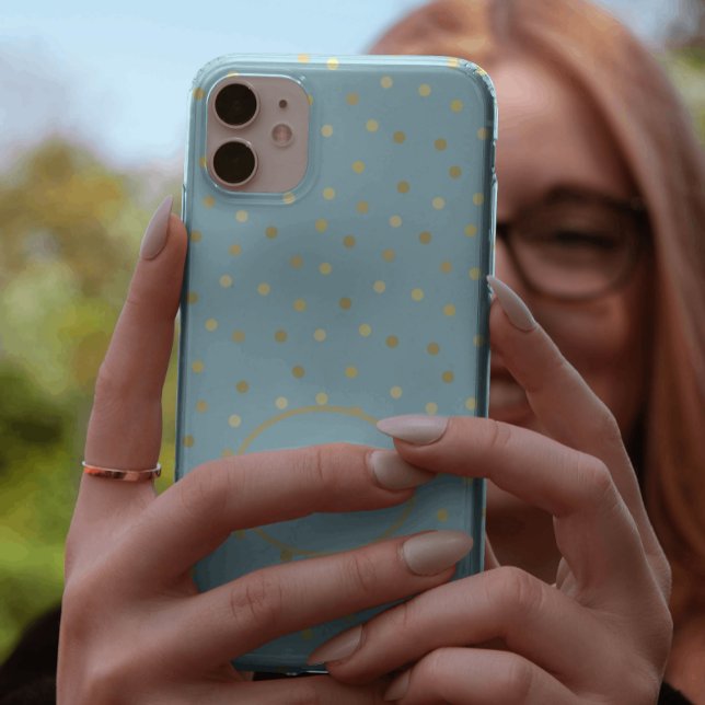 Trendy Pastel Blue Gold Confetti Dots Personalised iPhone Case (Creator Uploaded)