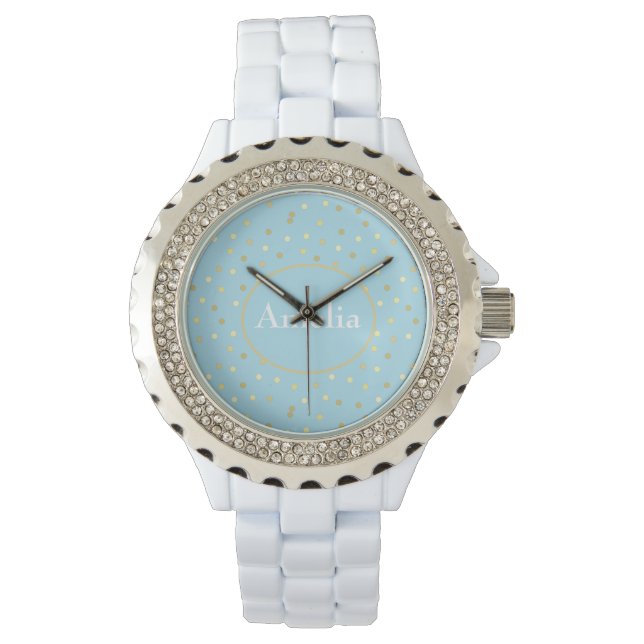 Trendy Pastel Blue Gold Confetti Dots  Watch (Front)
