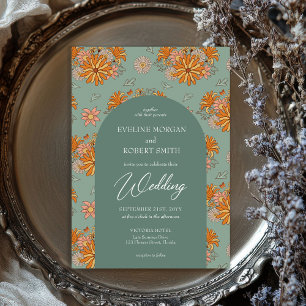 Trendy pastel colors retro groovy flowers wedding invitation