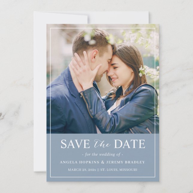 Trendy Pastel Dusty Blue Colour Simply Chic Photo Save The Date (Front)
