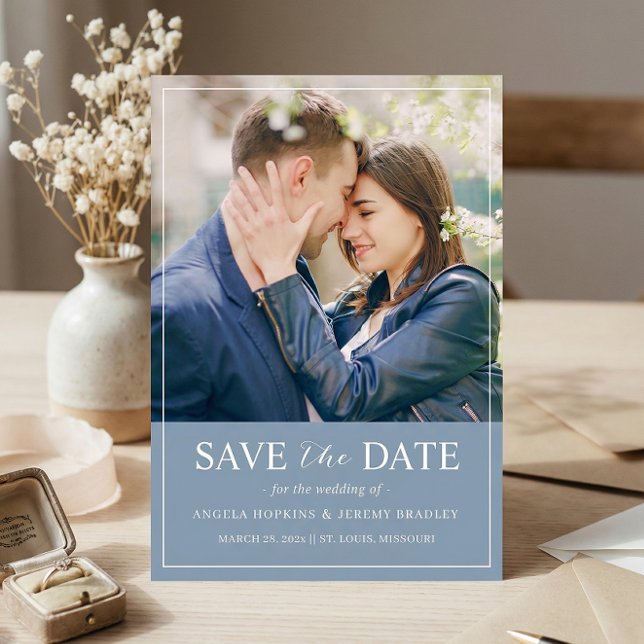 Trendy Pastel Dusty Blue Colour Simply Chic Photo Save The Date (Creator Uploaded)