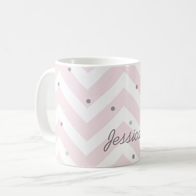 Trendy Pastel Pink Chevron and Dots Personalised Coffee Mug (Front Left)