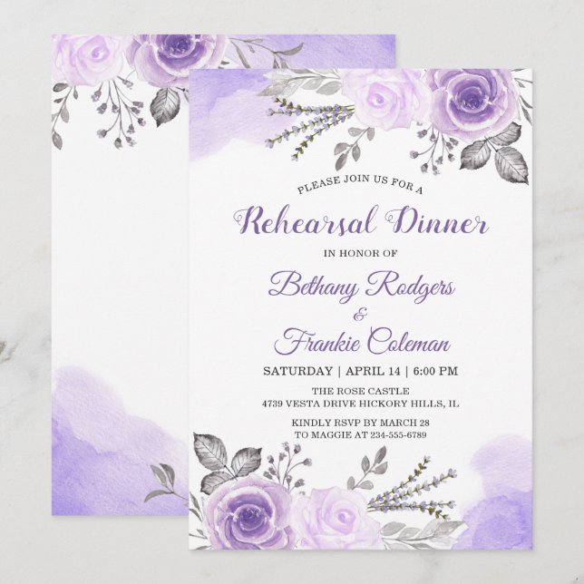 Trendy Pastel Purple Floral Chic Rehearsal Dinner Invitation (Front/Back)