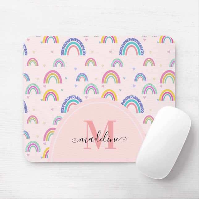 Trendy Pastel Rainbow Heart Elegant Monogram Mouse Mat (With Mouse)