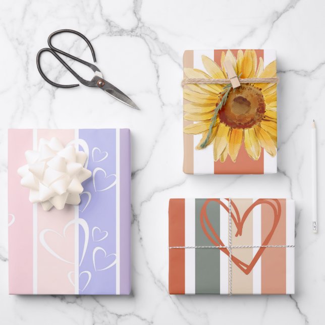 Trendy pastel stripes heart valentines  wrapping paper sheet (Front)