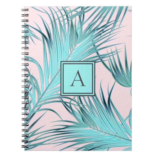 Trendy Pastel Tropical Palms With Monogram Notebook (Front)