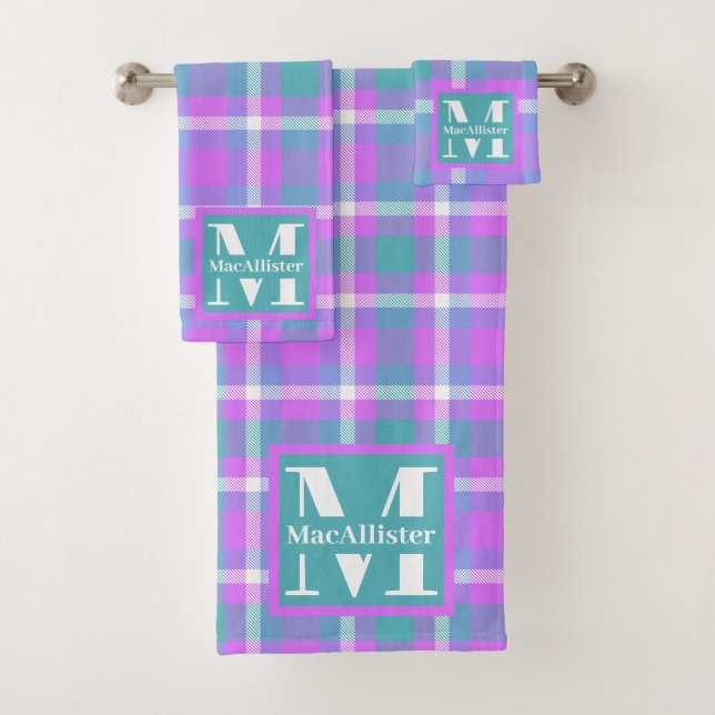 Trendy Pastel Vaporwave Tartan Plaid Monogram Bath Towel Set (Insitu)