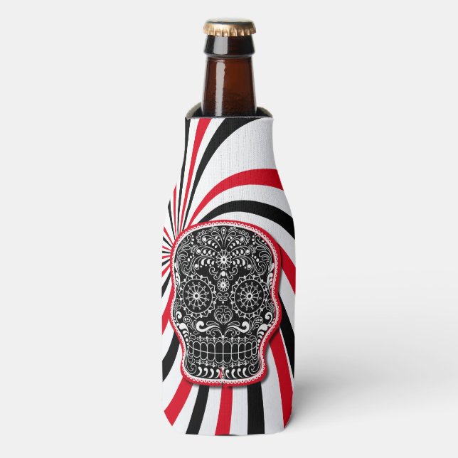 Trendy Patterned Skull on Sunburst Bottle Cooler (Bottle Front)