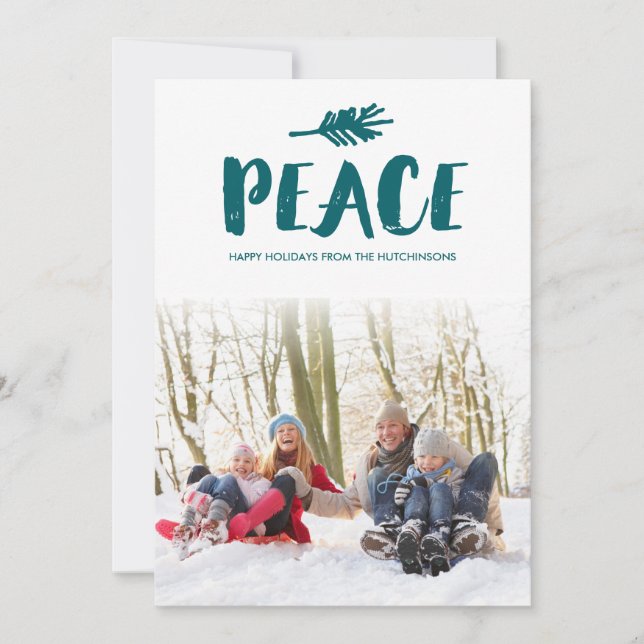 Trendy Peace Holiday Photo Cards - Teal (Front)