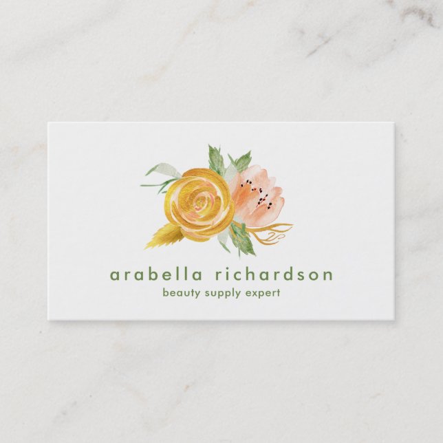Trendy Peach and Gold Watercolor Floral Business Card (Front)