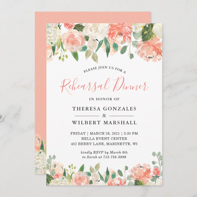 Trendy Peach Coral Peony Floral Rehearsal Dinner Invitation (Front/Back)