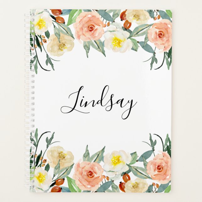 Trendy Peach Floral Monogrammed Planner (Front)