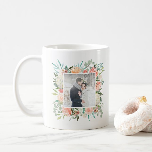 Trendy Peach Floral Watercolor with Photo Coffee Mug (With Donut)