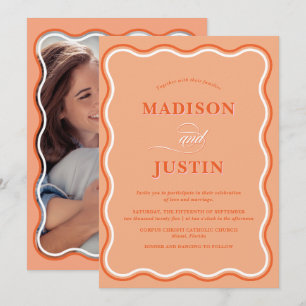 Trendy Peach Orange Squiggle Curves Photo Wedding Invitation
