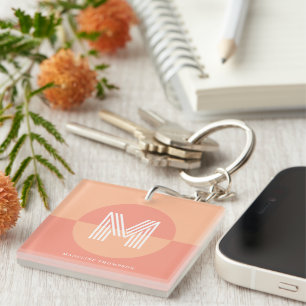 Trendy Peach Pink Geometric Modern Monogram Key Ring