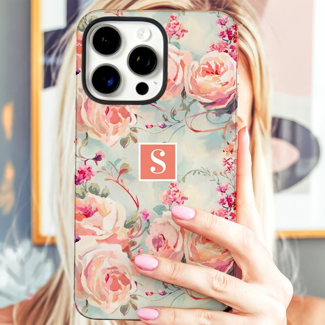 Trendy Peach Roses Monogram Floral Case-Mate iPhone Case (Creator Uploaded)