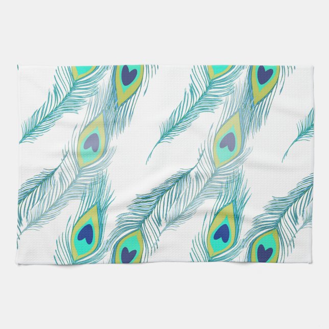 Trendy Peacock Feather Pattern Print Tea Towel (Horizontal)